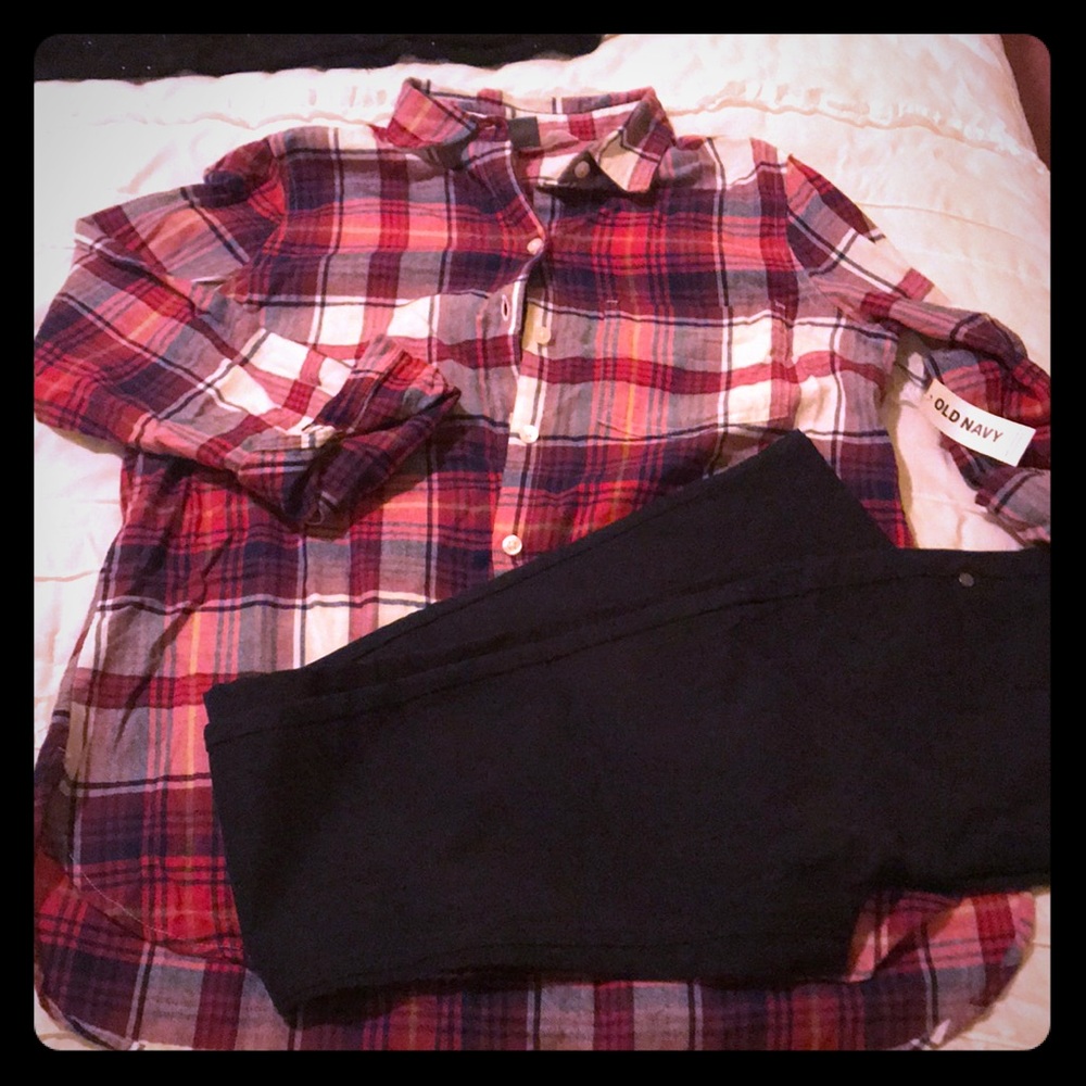 Pink, navy and white flannel button up shirt